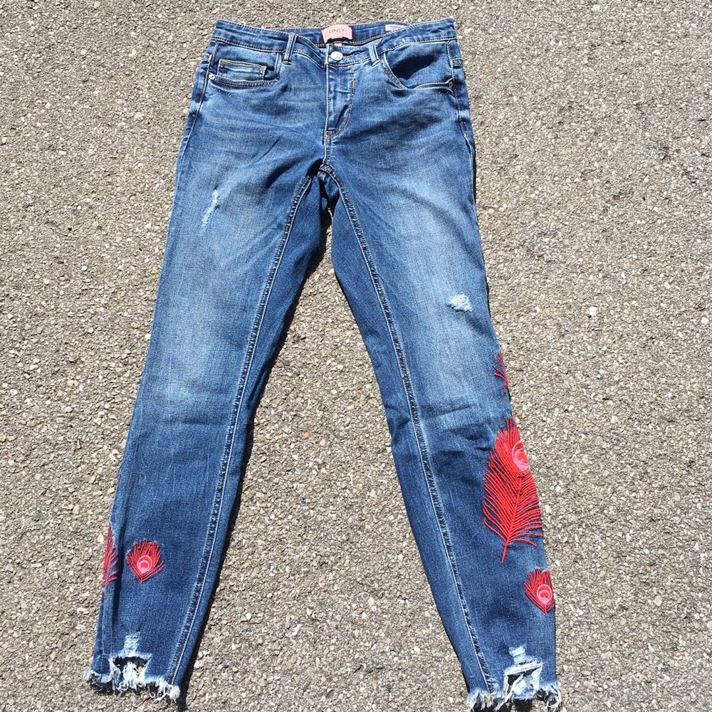 Only Brand Skinny Jeans with Feather Embroidery